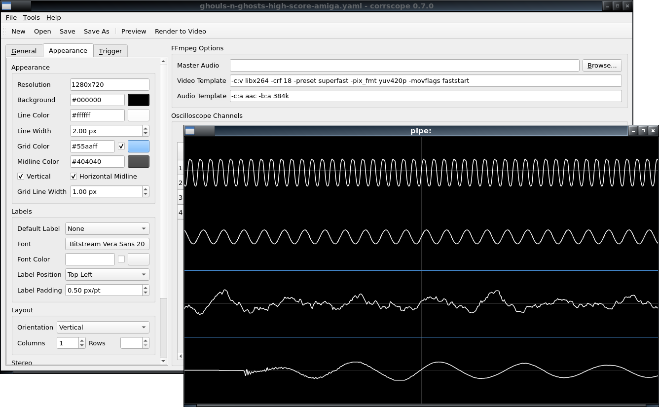 Screenshot of Corrscope and video preview